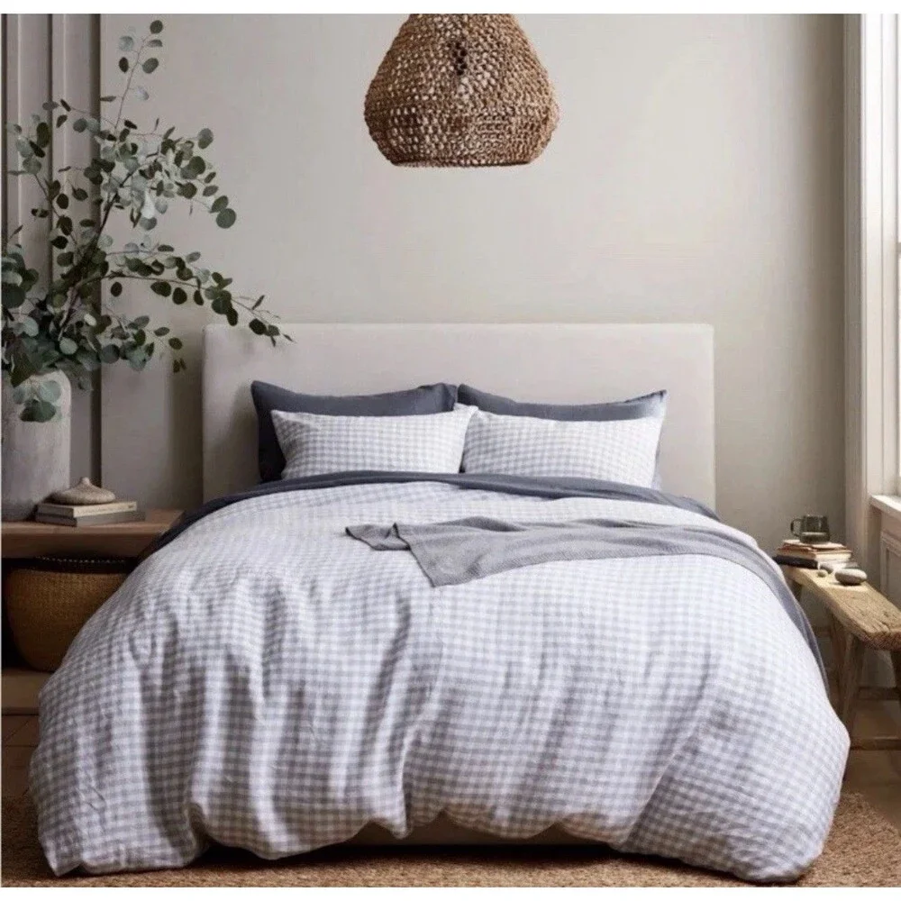 Quince European Linen Gingham Duvet Cover Set Full Queen Blue Fog Discontinued